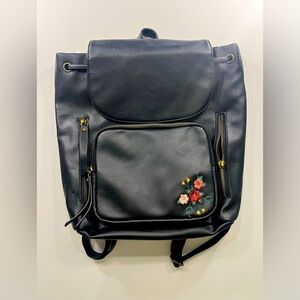 Black faux leather backpack with floral embroidery #Bag #Purse #Black #leather